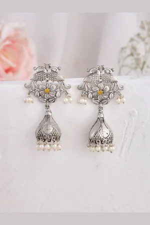 Dastoor Silver-Plated Peacock Shaped Jhumkas Earrings