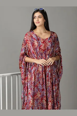 SHOWOFF Round Neck Ethnic Motifs Satin Kaftan Midi Dress