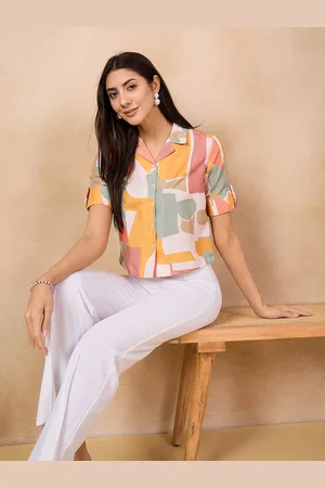 Anouk Geometric Print Roll-Up Sleeves Cotton Shirt Style Top