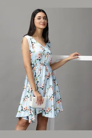 SHOWOFF Women Blue & Peach-Coloured Floral Satin Dress