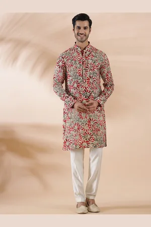 THE KURTA COMPANY Floral Printed Mandarin Collar Cotton Straight Kurta