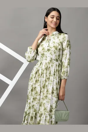 SHOWOFF Women White & Green Floral Layered Maxi Dress