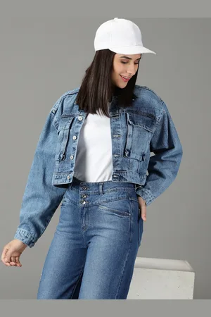 SHOWOFF Women Spread Collar Crop Denim Jacket
