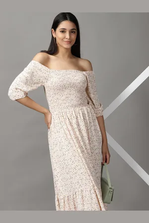 SHOWOFF Women Peach-Coloured Floral Off-Shoulder Chiffon Maxi Dress