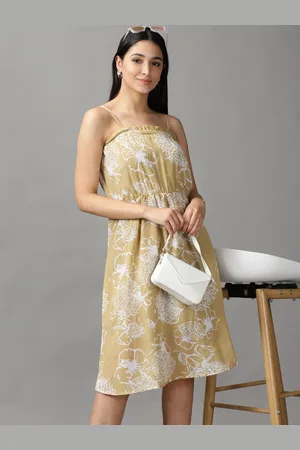 SHOWOFF Women Yellow Floral Off-Shoulder A-Line Dress