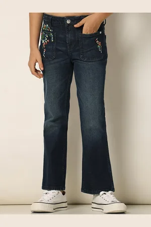 VERO MODA Girls Bootcut Mid-Rise Clean Look Embroidered Stretchable Jeans
