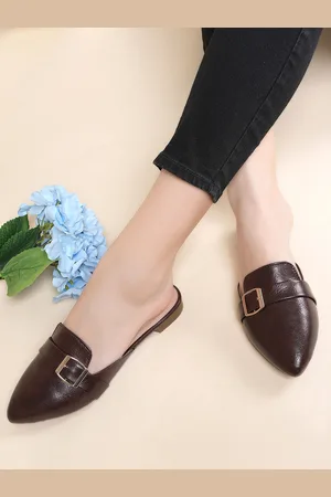 DressBerry Brown Textured Buckle Detail Pointed Toe Mules