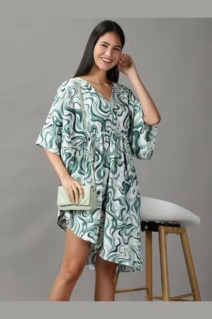 SHOWOFF Women Sea Green & White Chiffon Kaftan Dress