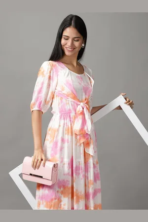SHOWOFF Women White & Pink Tie and Dye Cotton Maxi Dress