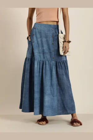 Taavi Women Indigo Denim Cotton-Linen Tiered Maxi Skirt