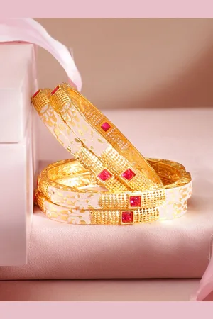 Rubans Set Of 4 22K Gold-Plated Pink Enamel Kemp Stone-Studded Bangles