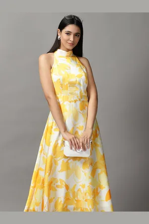 SHOWOFF Women Off White & Yellow Satin Maxi Midi Dress