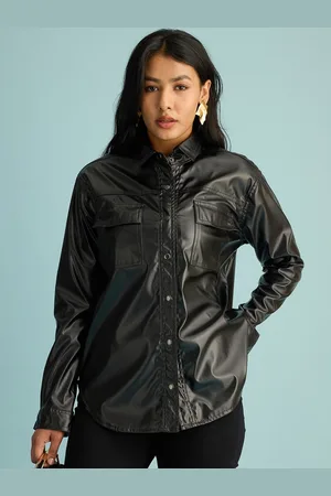 FREAKINS Black Shirt Collar Leather Jacket