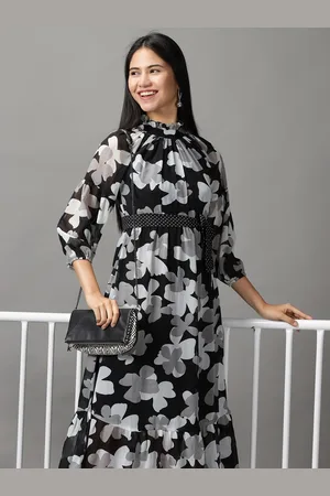 SHOWOFF Women Black & Grey Floral Layered Chiffon A-Line Midi Dress