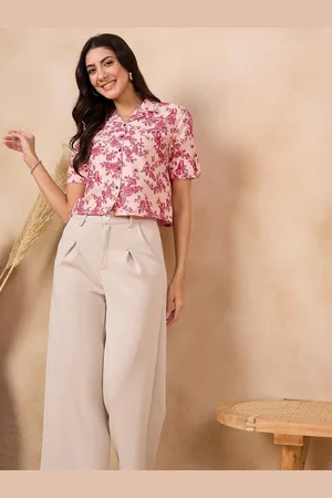 Anouk Pink Floral Printed Roll-Up Sleeves Cotton Shirt Style Top