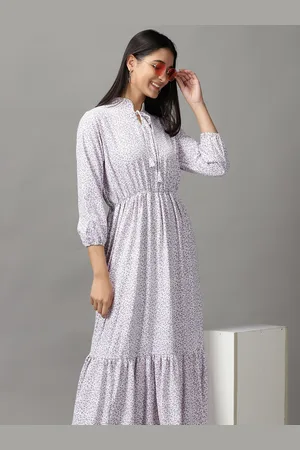 SHOWOFF Women White & Purple Floral Tie-Up Neck Midi Dress