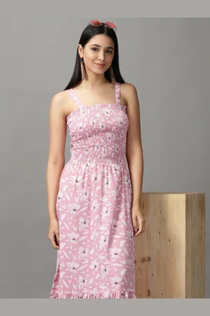 SHOWOFF Women Pink & White Floral Crepe Midi Dress