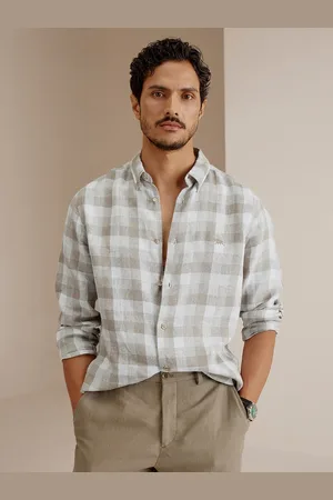 Andamen Premium Slim Fit Tartan Checks Linen Casual Shirt