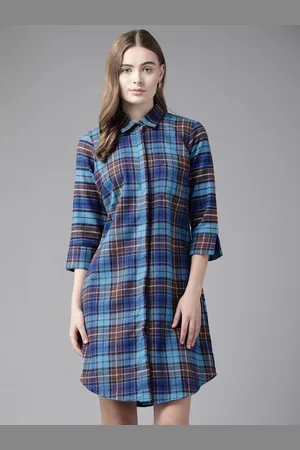 English Navy Checked Cotton Shirt Dress