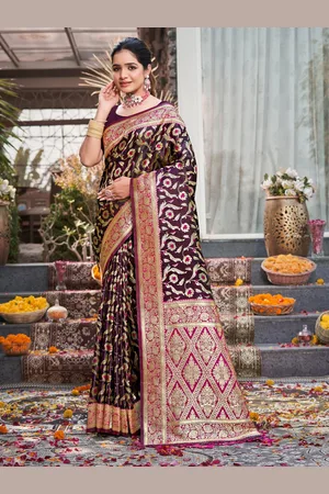 SANGAM PRINTS Floral Woven Design Zari Satin Banarasi Saree