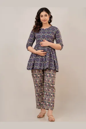 Celebravo Floral Printed Round Neck Flared A-Line Pure Cotton Maternity Kurti With Trouser
