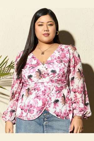 Berrylush Plus Size Floral Print Puff Sleeve Georgette Wrap Top