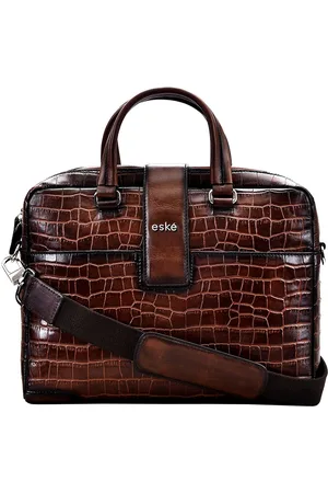 Eske Men Brown Crocodile Skin Textured Leather Laptop Bag