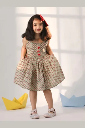Vastramay Girls Floral Printed Shoulder Straps Gathered Detail Cotton Fit & Flare Dress