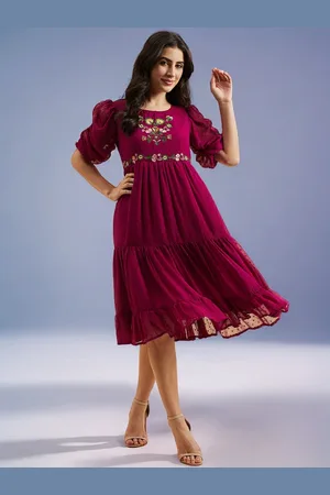 Azira Floral Embroidered Round Neck Short Puff Sleeves Georgette Fit & Flare Tiered Dress