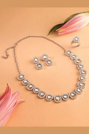 Ami Silver-Plated Austrian Diamonds Studded Necklace With Earrings & Finger Ring