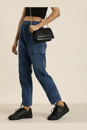 Taavi Women Indigo Denim Placement Geometric Printed Cotton-Linen Trousers