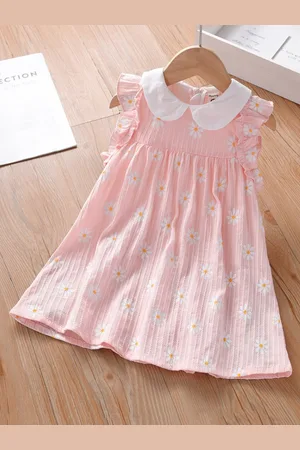 Stylecast Girls Pink & Yellow Floral Printed Peter Pan Collar Pure Cotton A-Line Dress