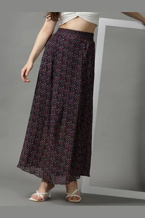 SHOWOFF Women Navy Blue & Red Floral Printed Flared Maxi Skirt