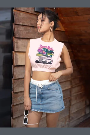 Stylecast Elasticated Hem Printed Sleeveless Crop Top