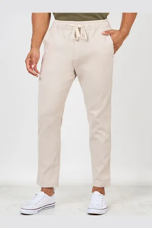 Styli Men Relaxed Fit Mid Rise Cotton Slub Plain Woven Flat-Front Trousers