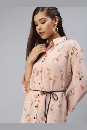SHOWOFF Women Peach-Coloured Floral Georgette Shirt Dress