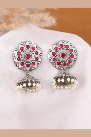 Dastoor Gold Plated Stone Studded & Beaded Contemporary Oxidised Jhumkas