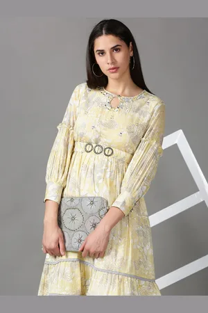 SHOWOFF Women Yellow & Grey Floral Keyhole Neck Cotton Sheath Dress