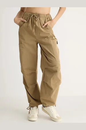 FREAKINS Women Brown Straight Fit High-Rise Elasticated Cargos Trousers