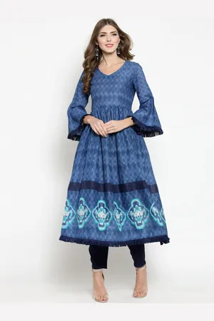 Sera Women Blue Printed Pleated Anarkali Kurti with Trousers