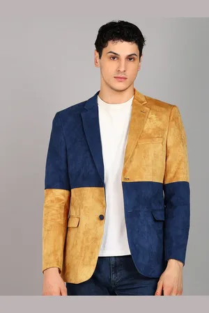 Mast & Harbour Blue & Mustard Colorblocked Slim-Fit Single Breasted Casual Blazer