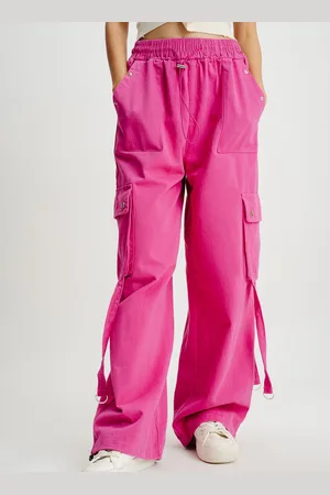 FREAKINS Women Pink Straight Fit High-Rise Cotton Cargo Trousers