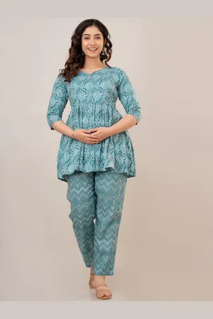 Celebravo Paisley Printed Round Neck Flared A-Line Maternity Kurti With Trouser