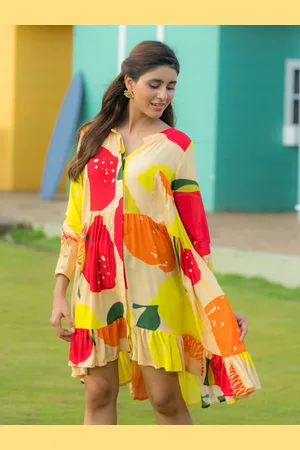 Ambraee Abstract Printed Cuffed Sleeves A-Line Dress