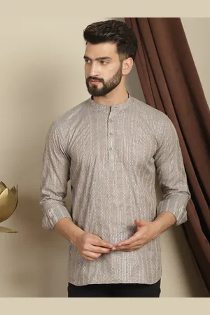 Anouk Brown Striped Woven Design Band Collar Long Sleeves Cotton Kurta