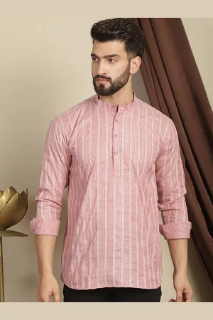 Anouk Striped Mandarin Collar Long Sleeves Thread Work Cotton Kurta