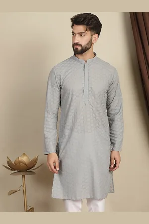 Anouk Grey Ethnic Motifs Embroidered Mandarin Collar Long Sleeves Cotton Thread Work Kurta
