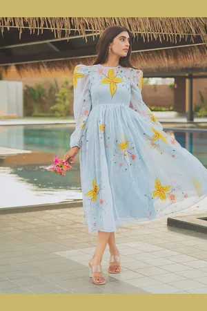 Ambraee Floral Flared Sleeve Organic Cotton Fit & Flare Midi Dress