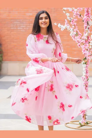 Ambraee Floral Print Puff Sleeves Organic Cotton Fit & Flare Midi Dress with Inner