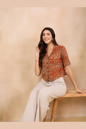 Anouk Rust Floral Print Cotton Shirt Style Top